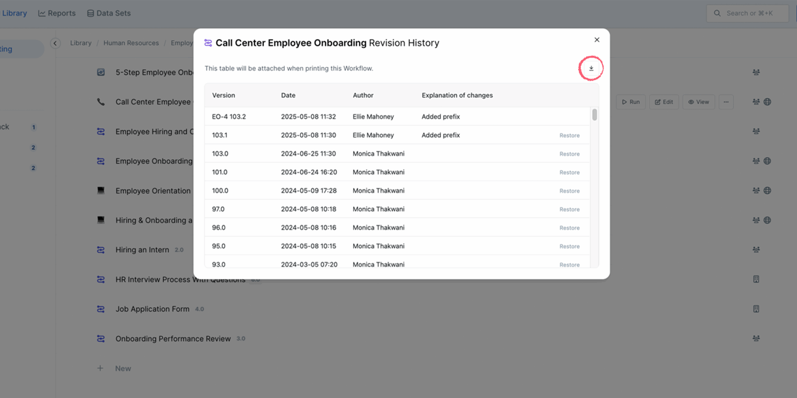 View and export a revision history table