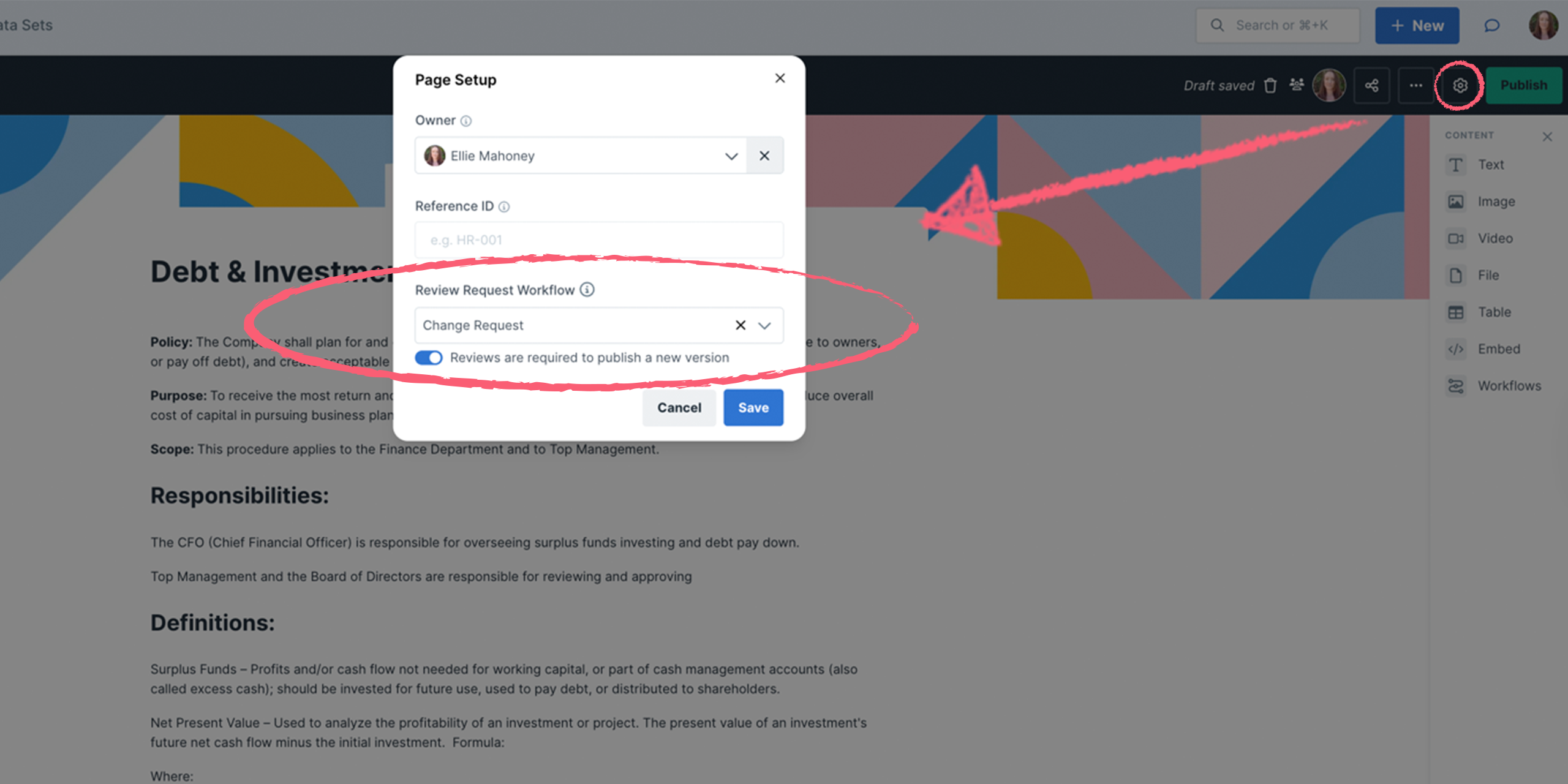 Selecting the change request workflow in settings