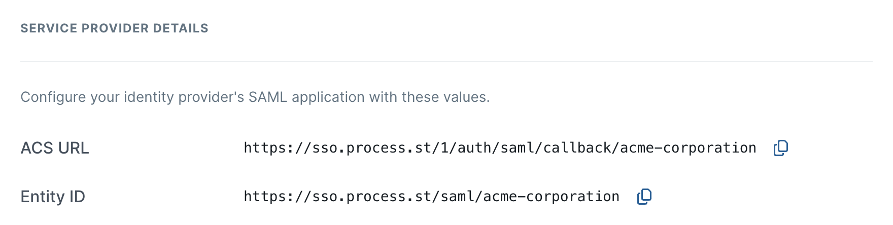 The Service provider details section in Organization Settings, showing the ACS URL and Entity ID to copy into SafeNet