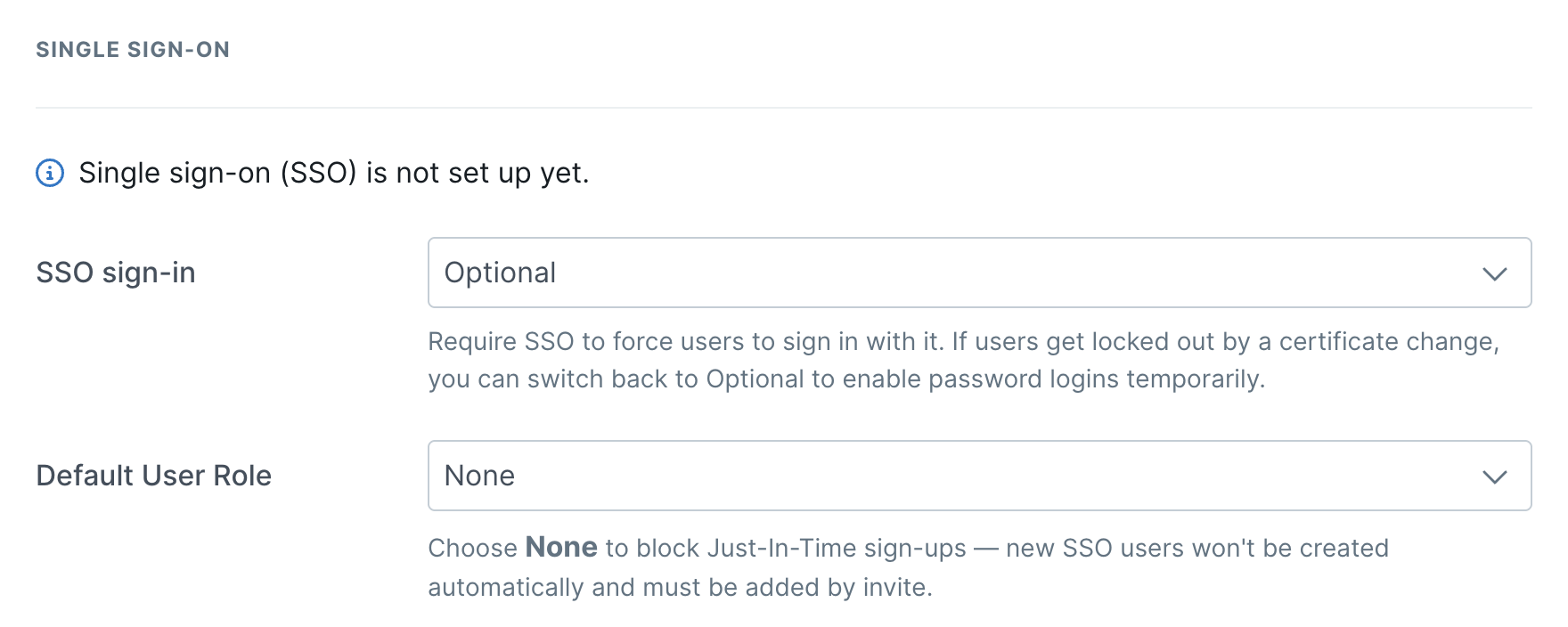 The SSO sign-in setting in the Single sign-on section of Organization Settings, set to Optional