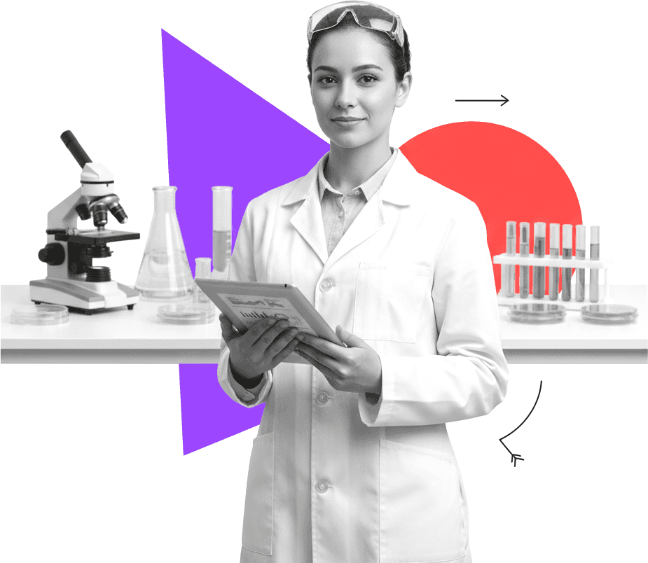 Scientist in lab coat with tablet in a modern biotechnology laboratory