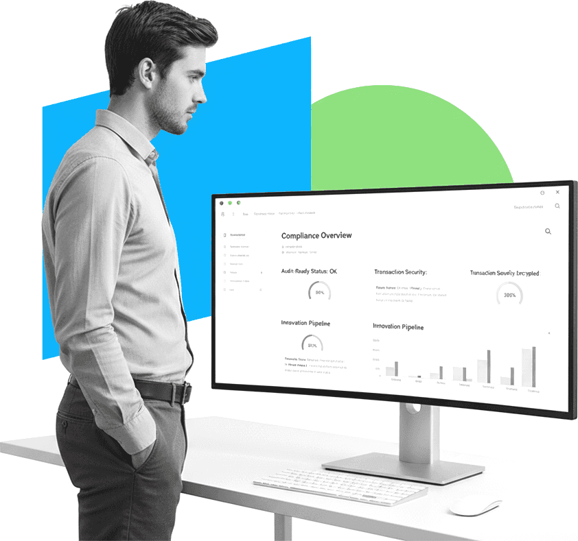 Professional reviewing compliance dashboard in modern fintech office