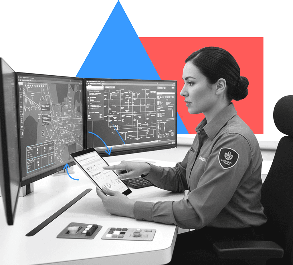 Professional reviewing compliance and safety data in energy operations center