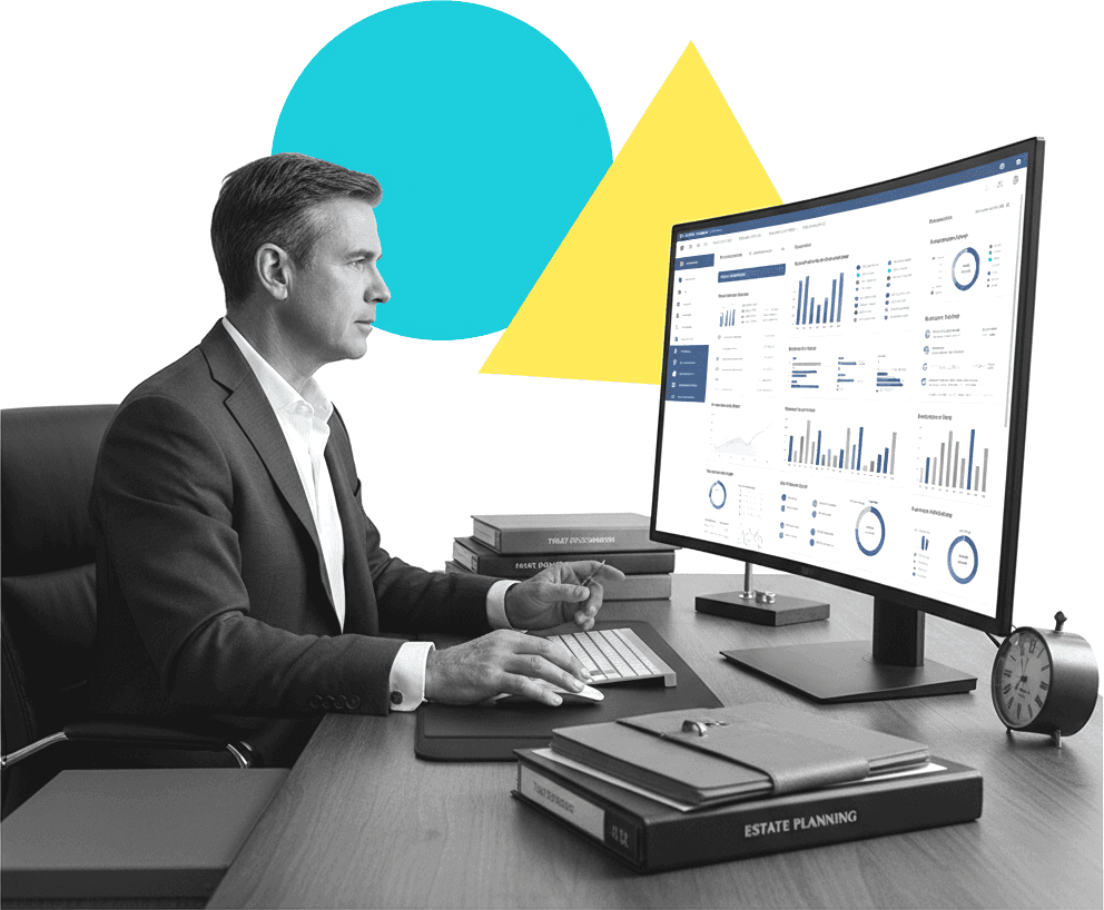 Family office executive reviewing a portfolio dashboard in a sophisticated home office