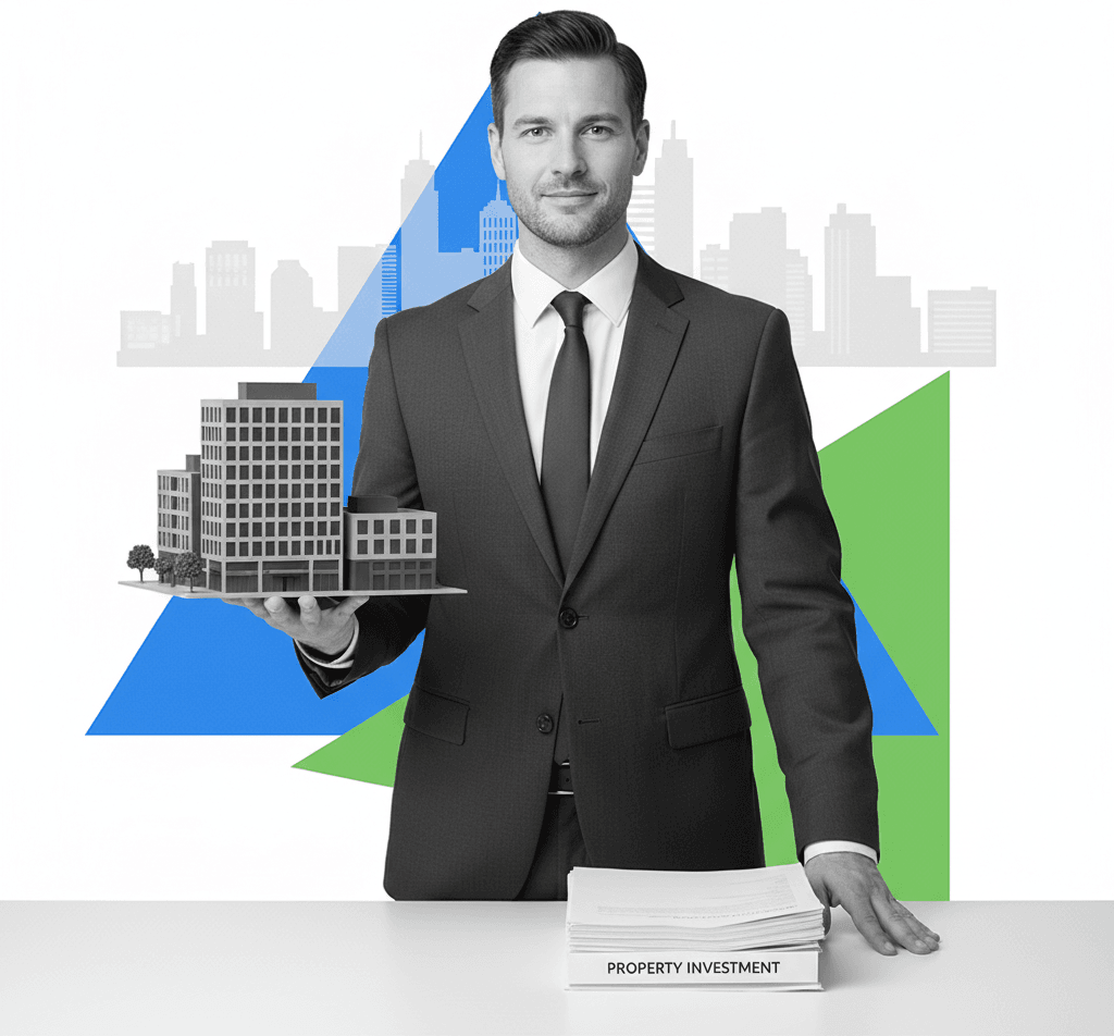 Real estate investment trust professional with building model and property documents