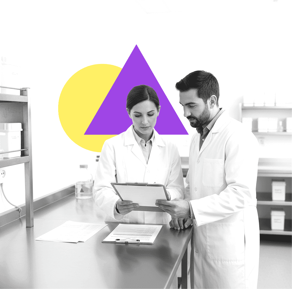 Quality assurance specialist reviewing batch production records at a manufacturing workstation