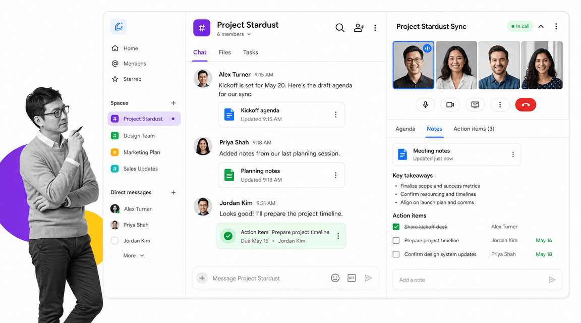 Google Chat and Meet style workspace with project messages, video meeting, notes, and action items