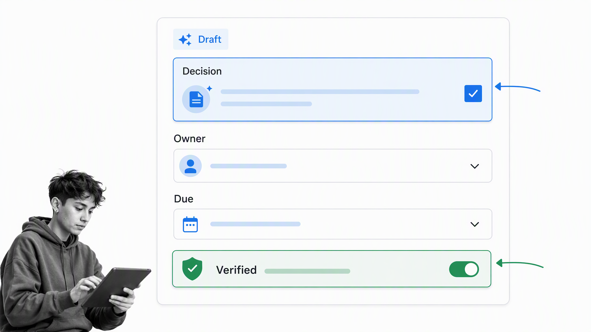 AI-assisted meeting minutes draft with human verification of decisions and owners