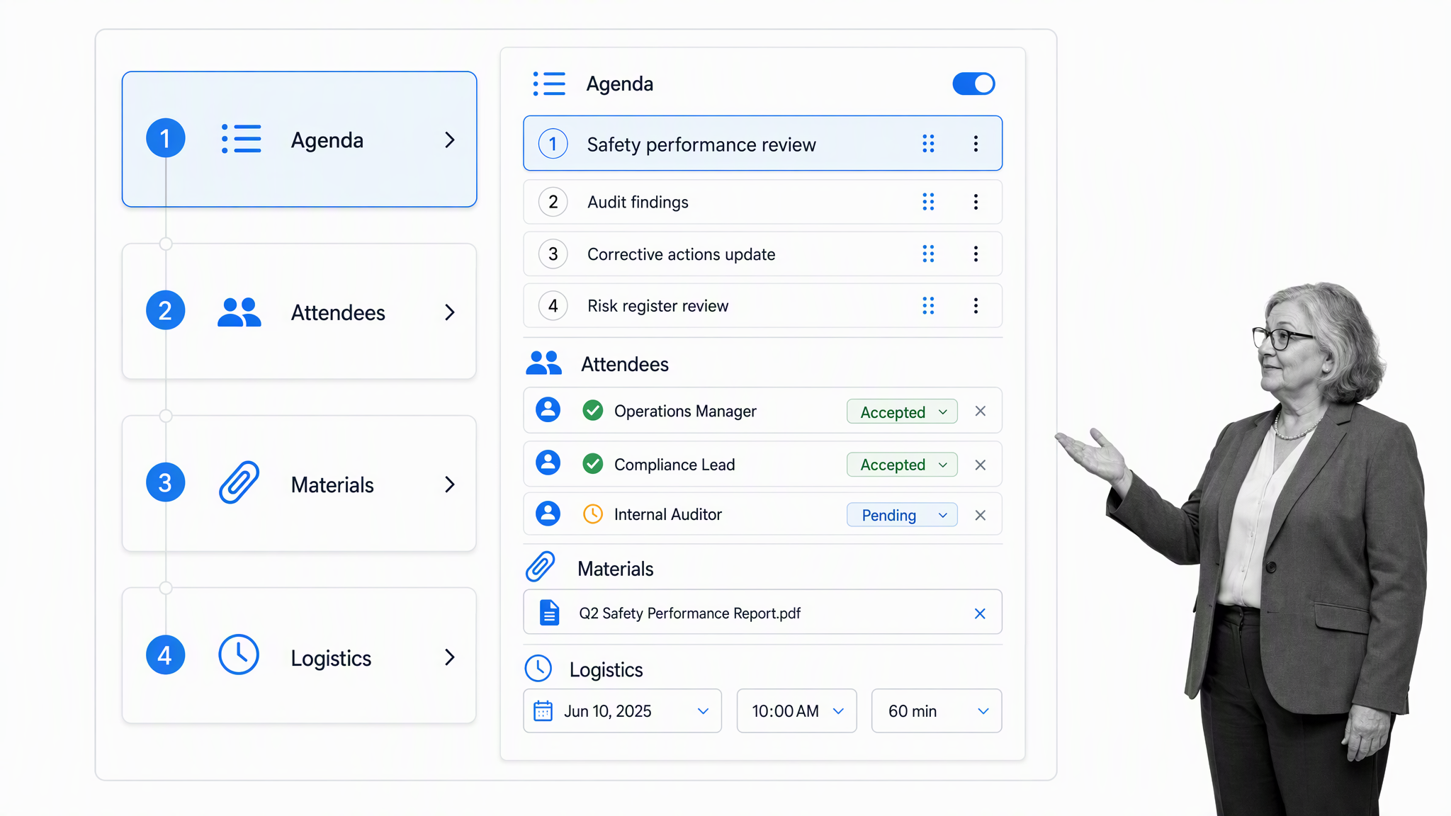 Meeting agenda preparation workflow for attendees, materials, and logistics