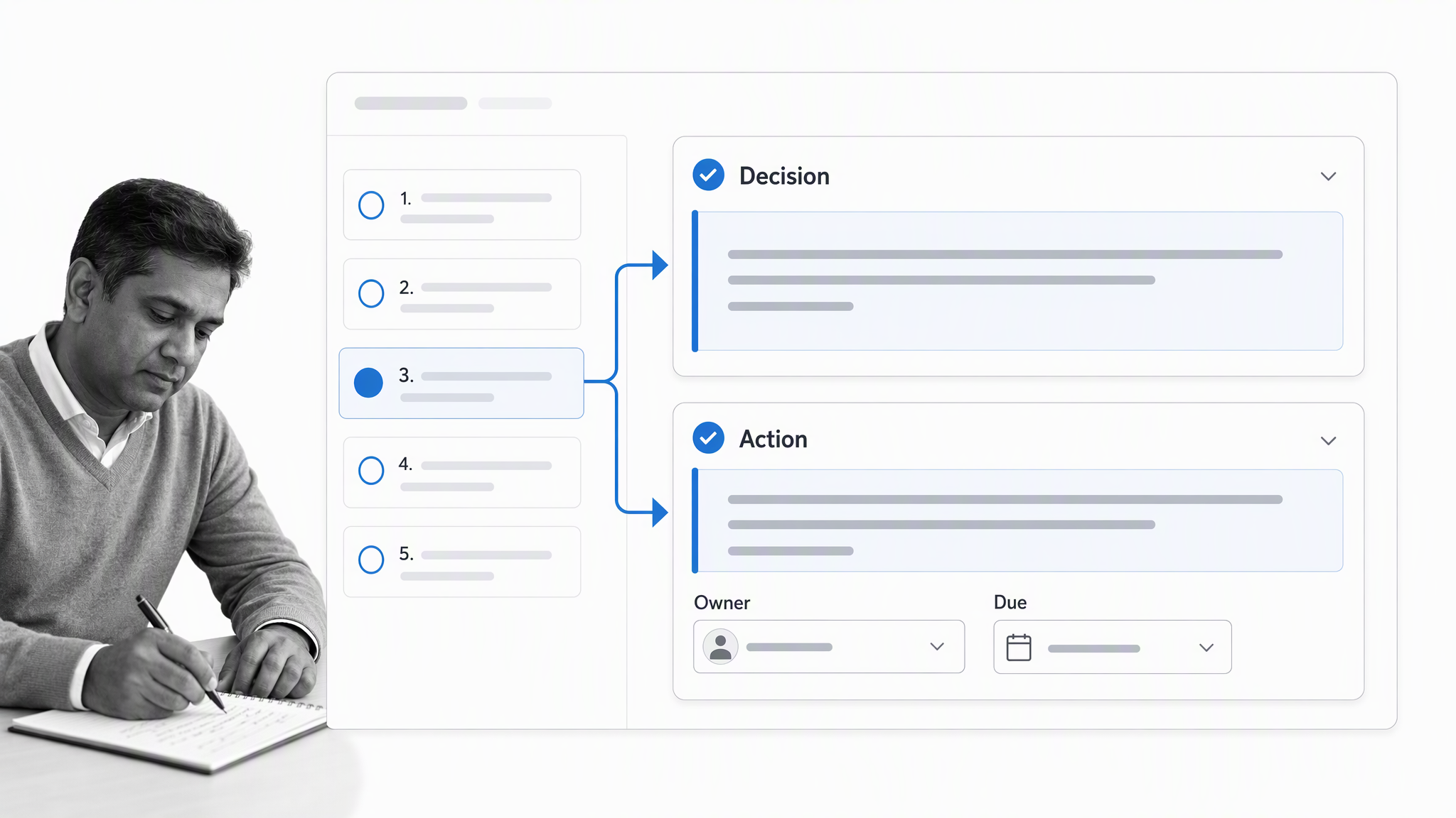 Live meeting capture panel for a decision and an action item with owner and due date