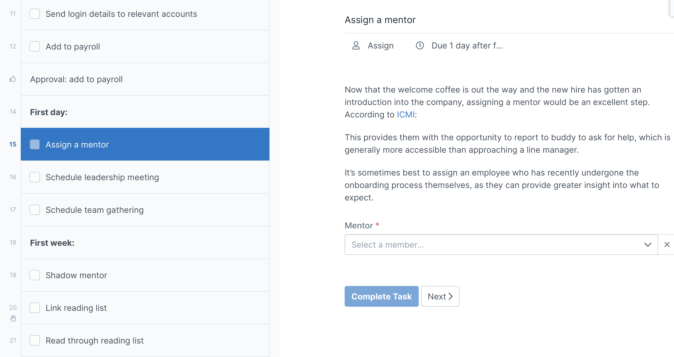 Assign mentor employee onboarding checklist