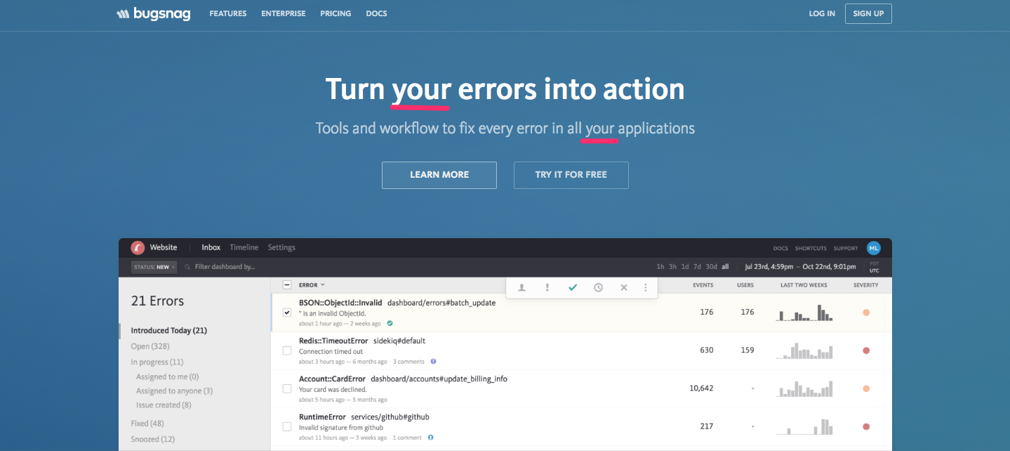 BugSnag SaaS Landing Pages
