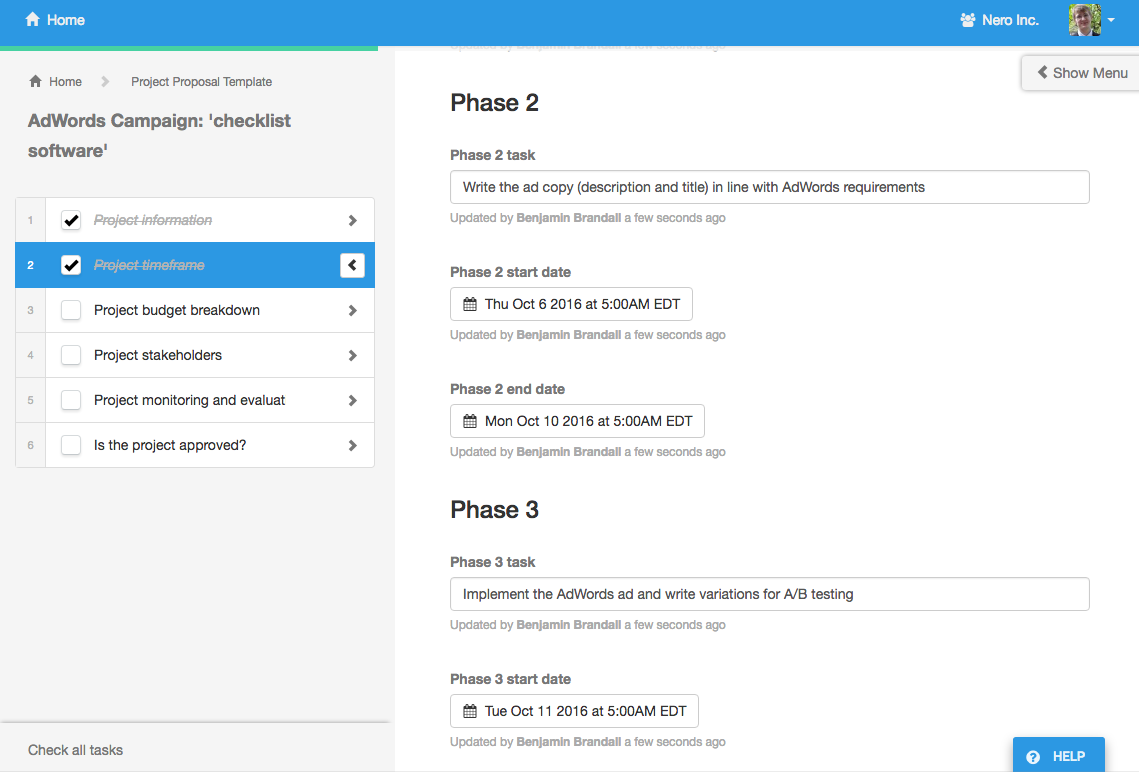 Fill out the project phases