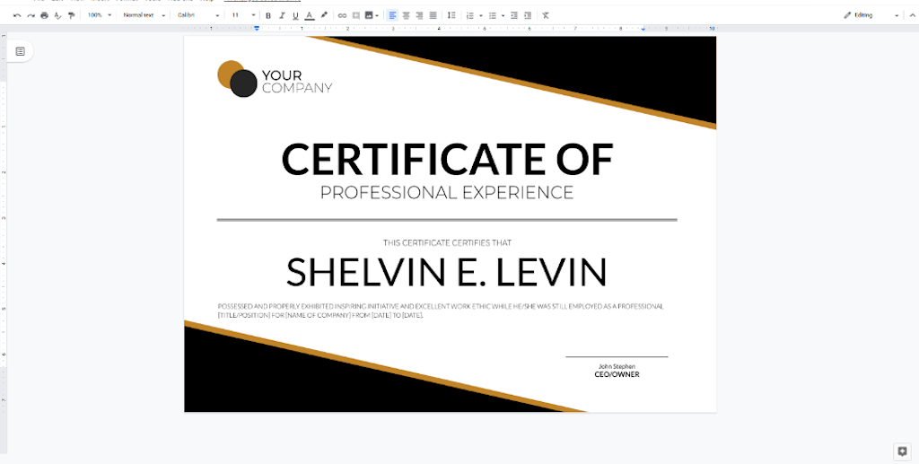 Google Docs Templates - Professional Experience Certificate