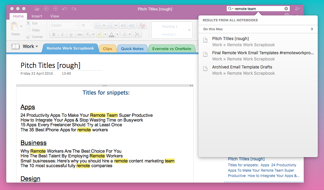 OneNote search