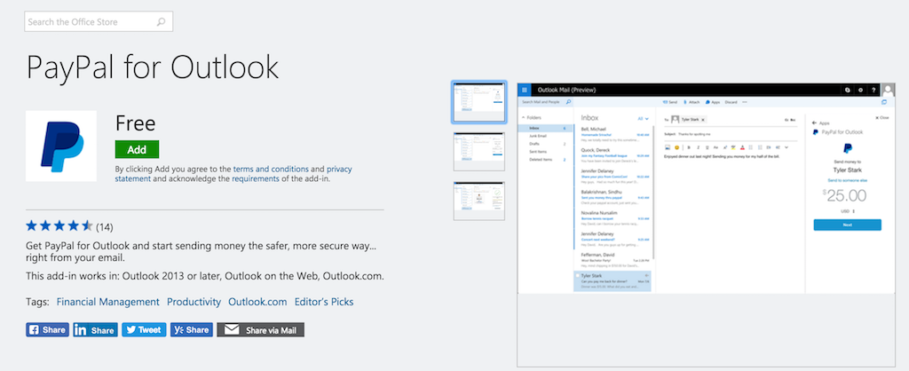 outlook extensions paypal
