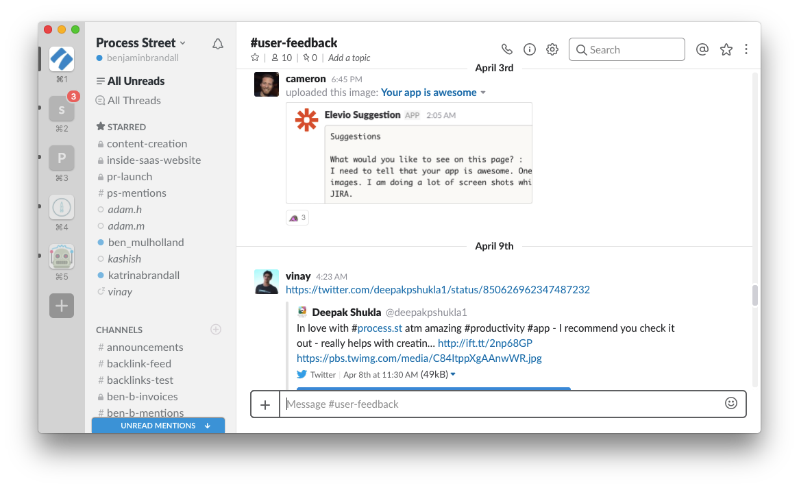 User feedback in Slack