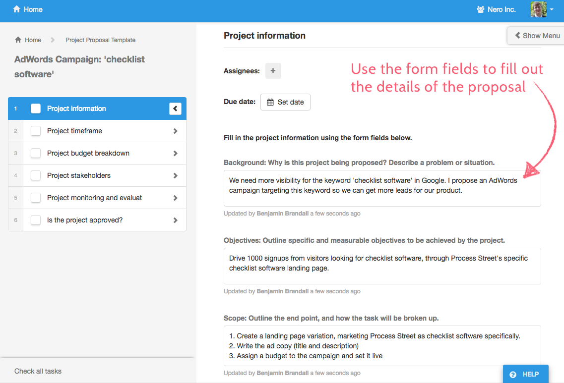 Use form fields to fill out the proposal details
