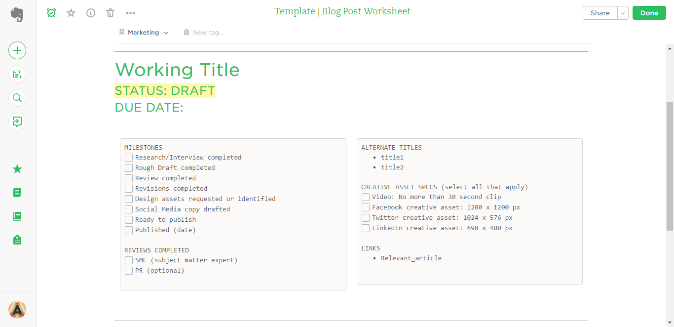 blog post evernote template