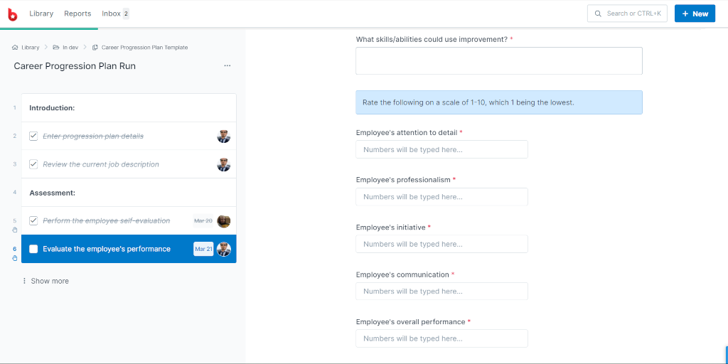 Screenshot of the manager's evaluation task with the career progression plan workflow