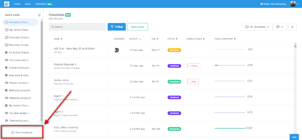 checklist dashboard