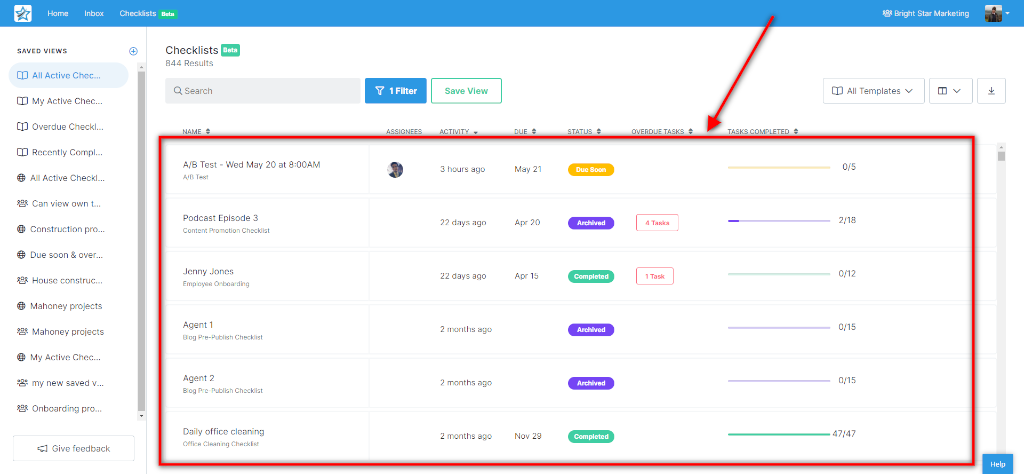 checklist dashboard