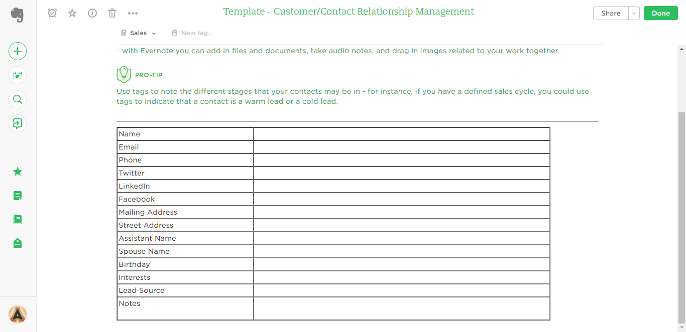 contact relationship management evernote templates