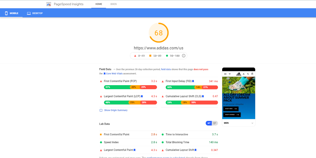 Adidas Core Web Vitals assessment via PageSpeed Insights