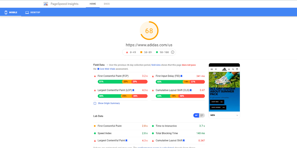 Adidas Core Web Vitals assessment via PageSpeed Insights Adidas Core Web Vitals assessment via PageSpeed Insights