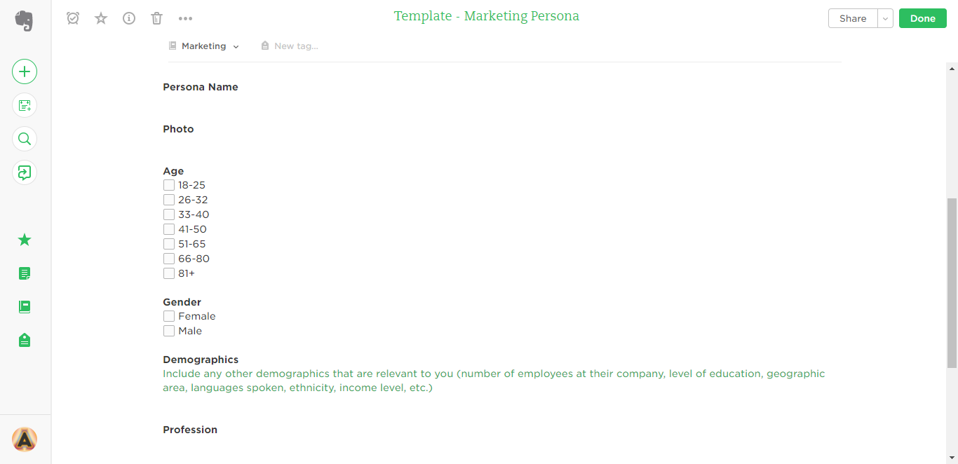 marketing persona evernote template