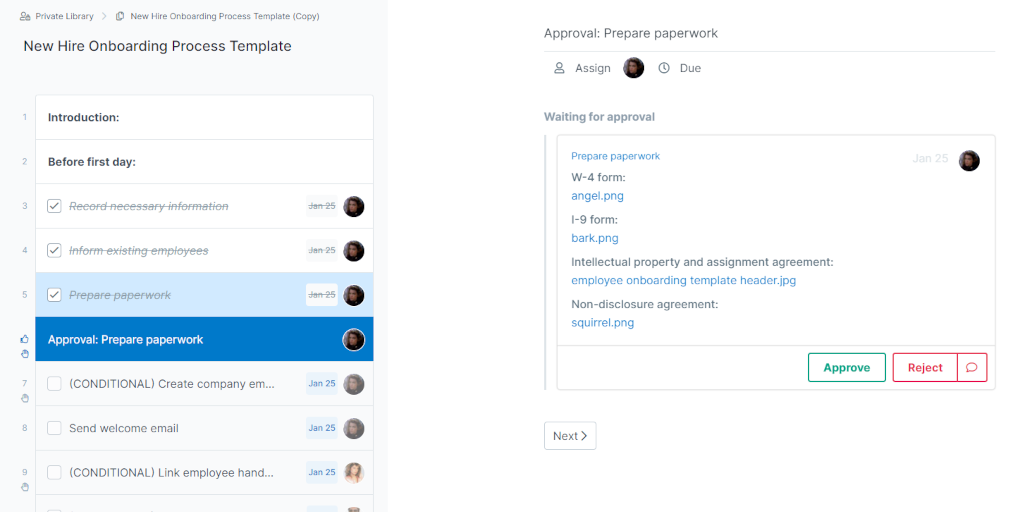onboarding process template approvals feature