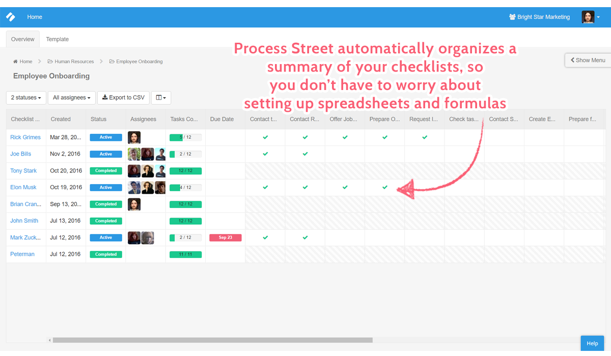 process documentation software - process street overview spreadsheet