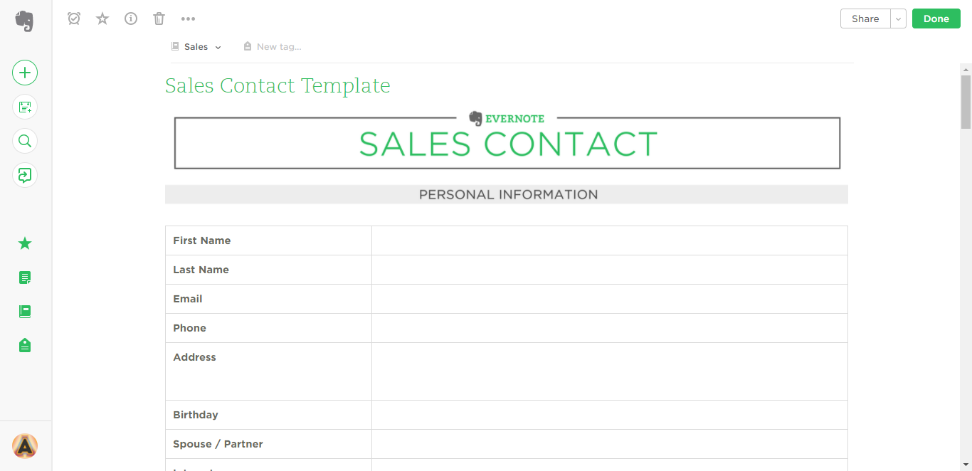 sales contact evernote templates