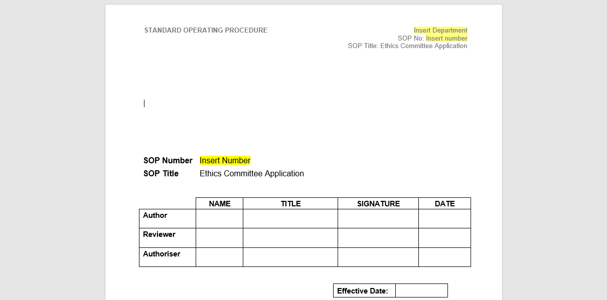 sop templates example ethics committee