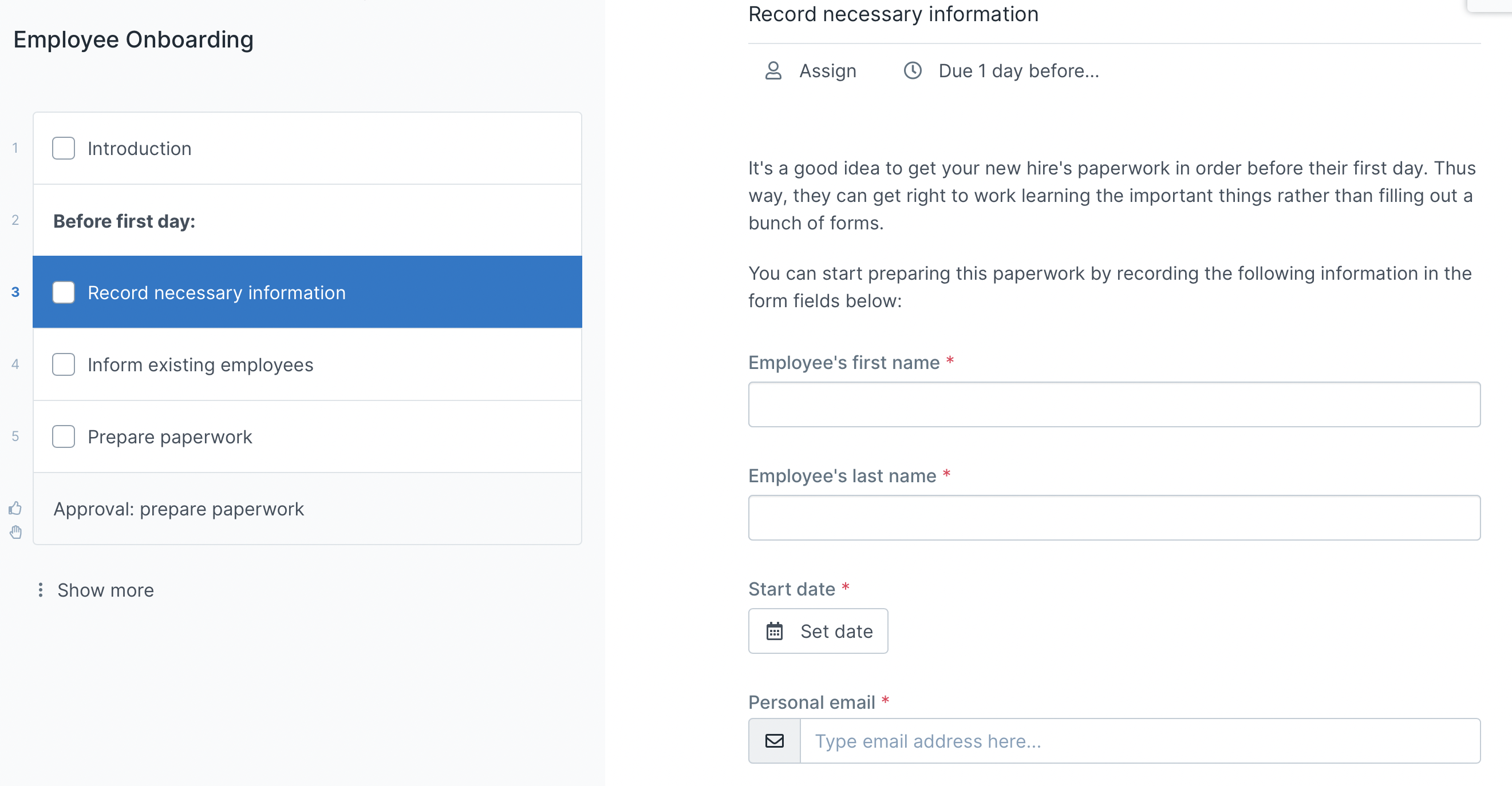 Preparation employee onboarding checklist