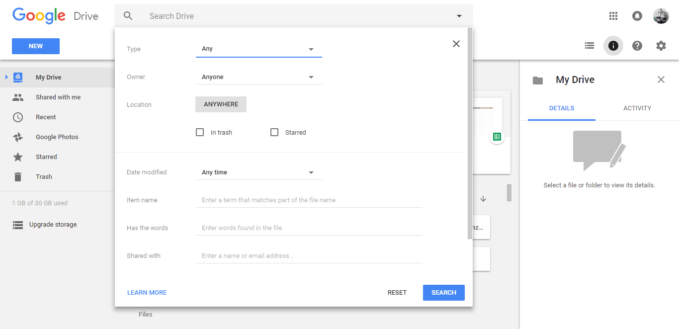 google drive tips search filtering