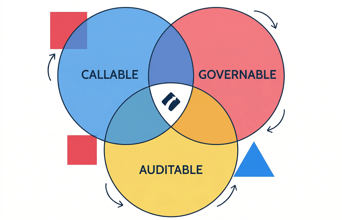 Venn diagram showing three overlapping circles: Callable, Governable, and Auditable, with Process Street at the intersection of all three