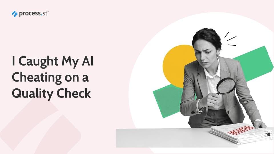 Process Street blog header showing compliance auditor inspecting AI rubber-stamped documents with magnifying glass