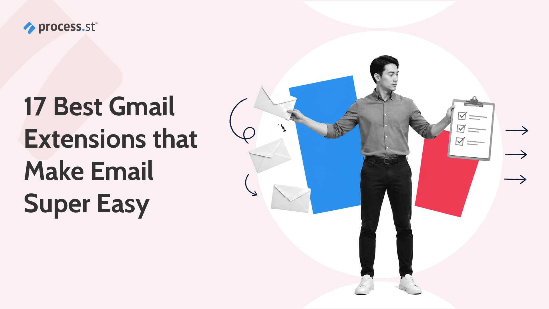 Illustration of an operations lead organizing email envelopes and a checklist for Gmail extensions