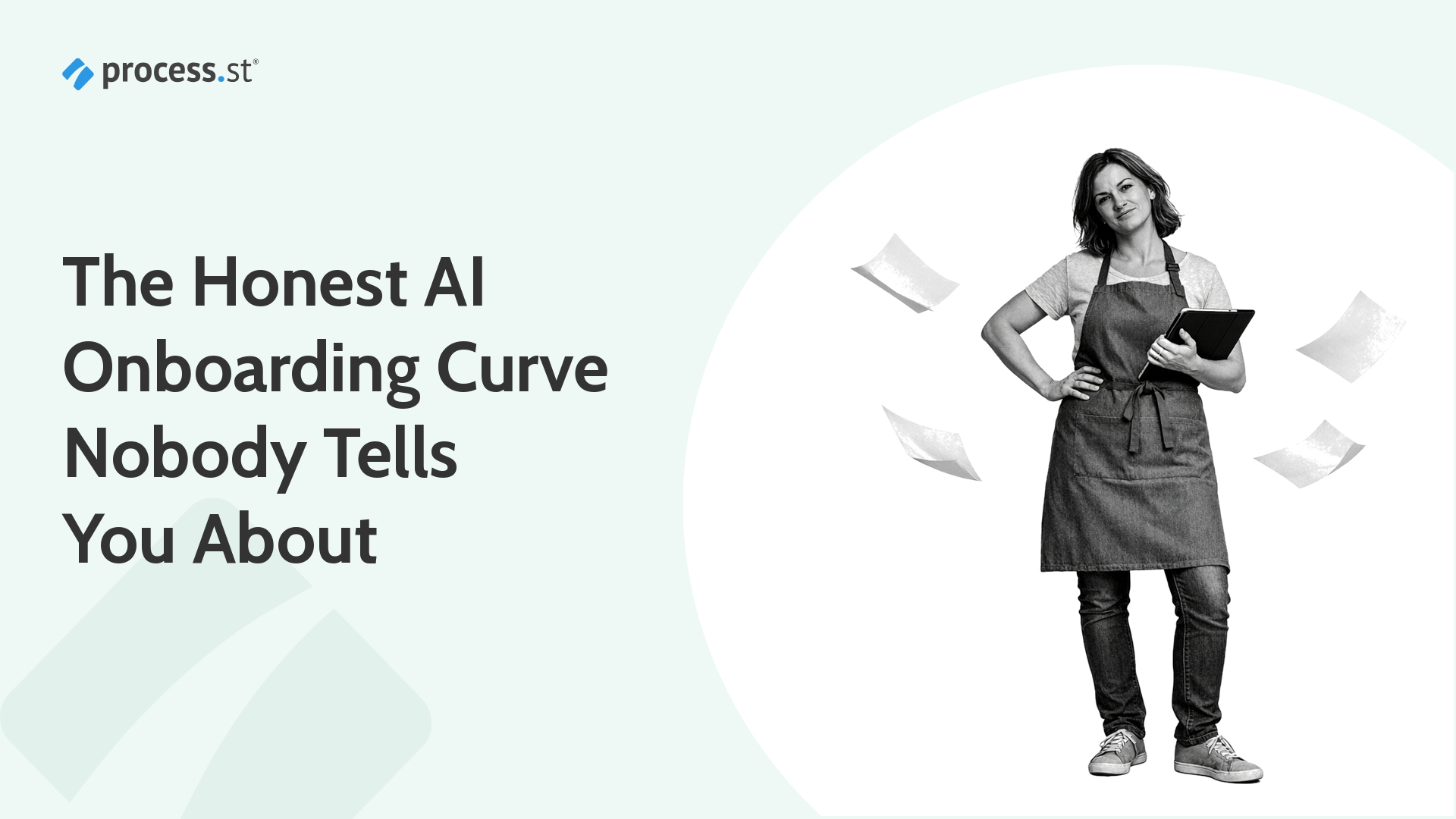 A small business owner in an apron holding a tablet, surrounded by floating papers, representing the honest AI onboarding curve