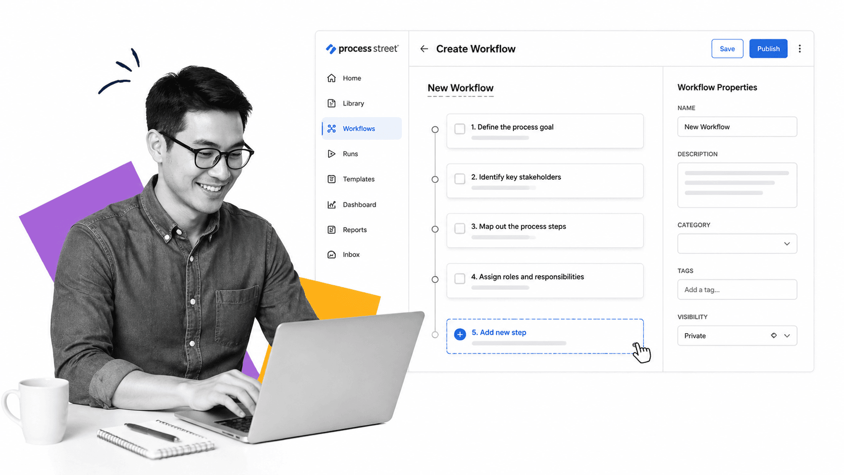 Process Street workflow creation interface showing steps and properties