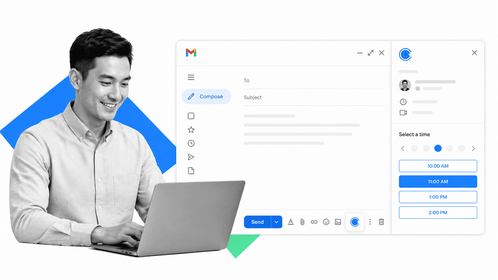 Illustration of scheduling meetings from Gmail with a Calendly booking panel and open time slots