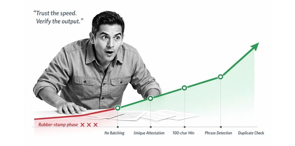 Quality improvement chart showing 5 adversarial validator gates: No Batching, Unique Attestation, 100-char Minimum, Phrase Detection, Duplicate Check