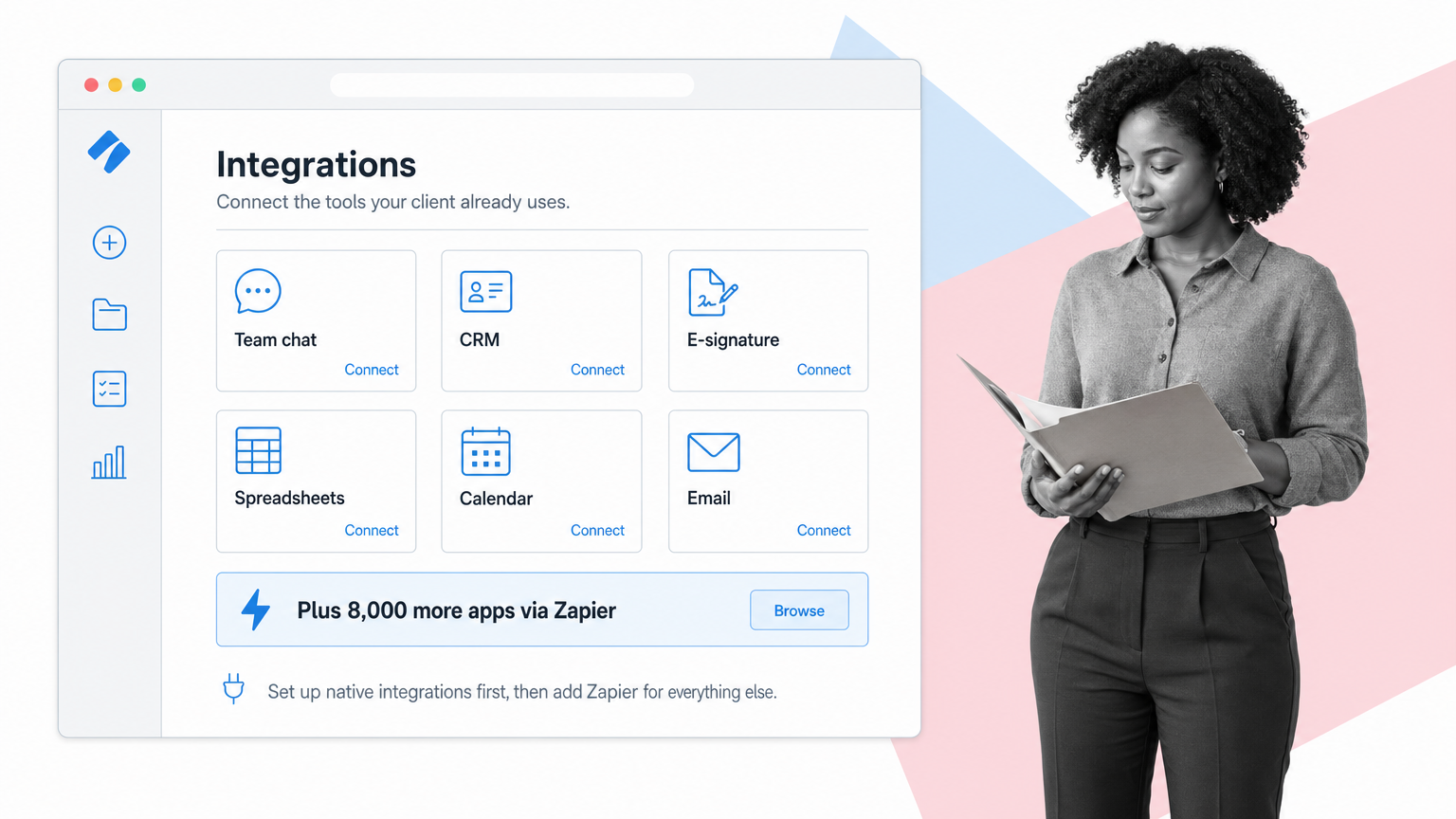Process Street integrations panel with native app tiles and 8000 more apps via Zapier