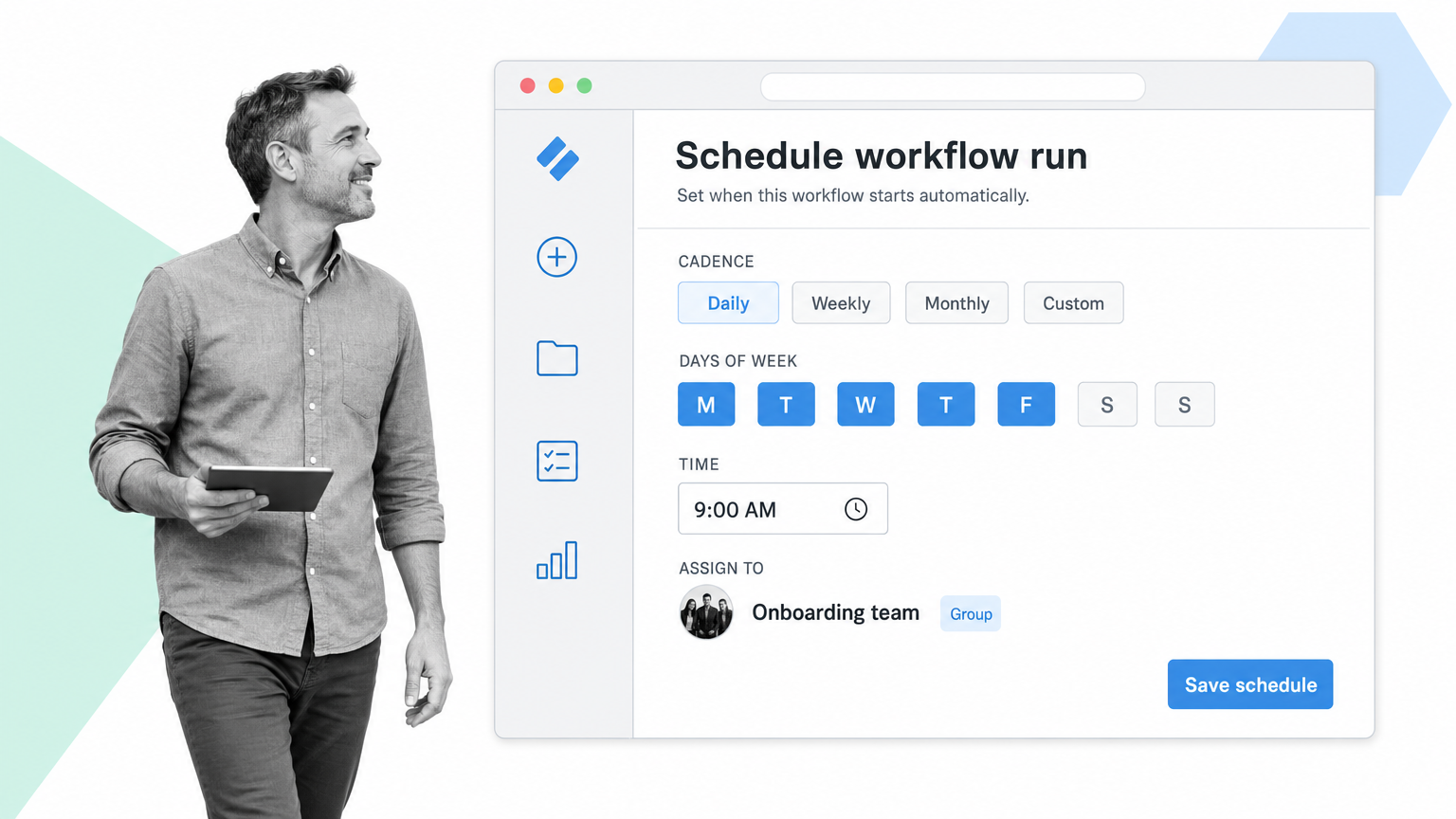 schedule a Process Street workflow run with cadence, day of week, time, and assignee