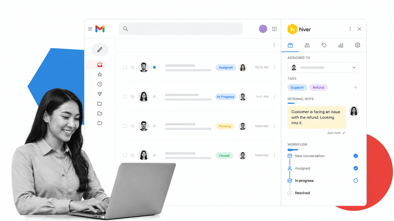 Illustration of a support team collaborating in a shared Gmail inbox with assignments and internal notes
