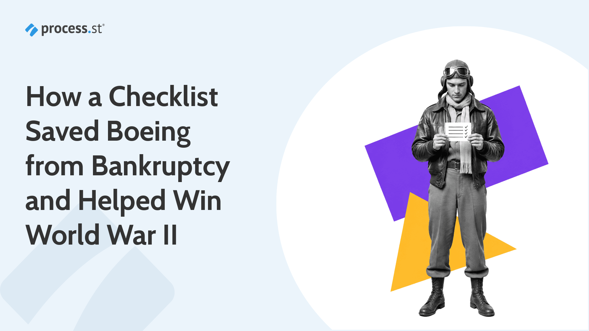 WWII-era pilot reading a pre-flight index-card checklist