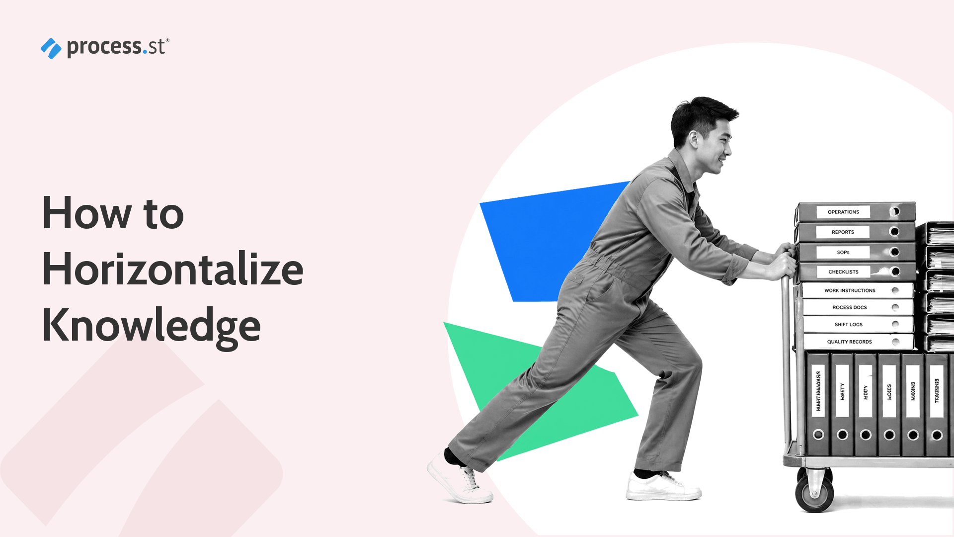 Operations lead pushing a fully-loaded handcart of binders sideways across the frame, illustrating horizontal knowledge flow between teams