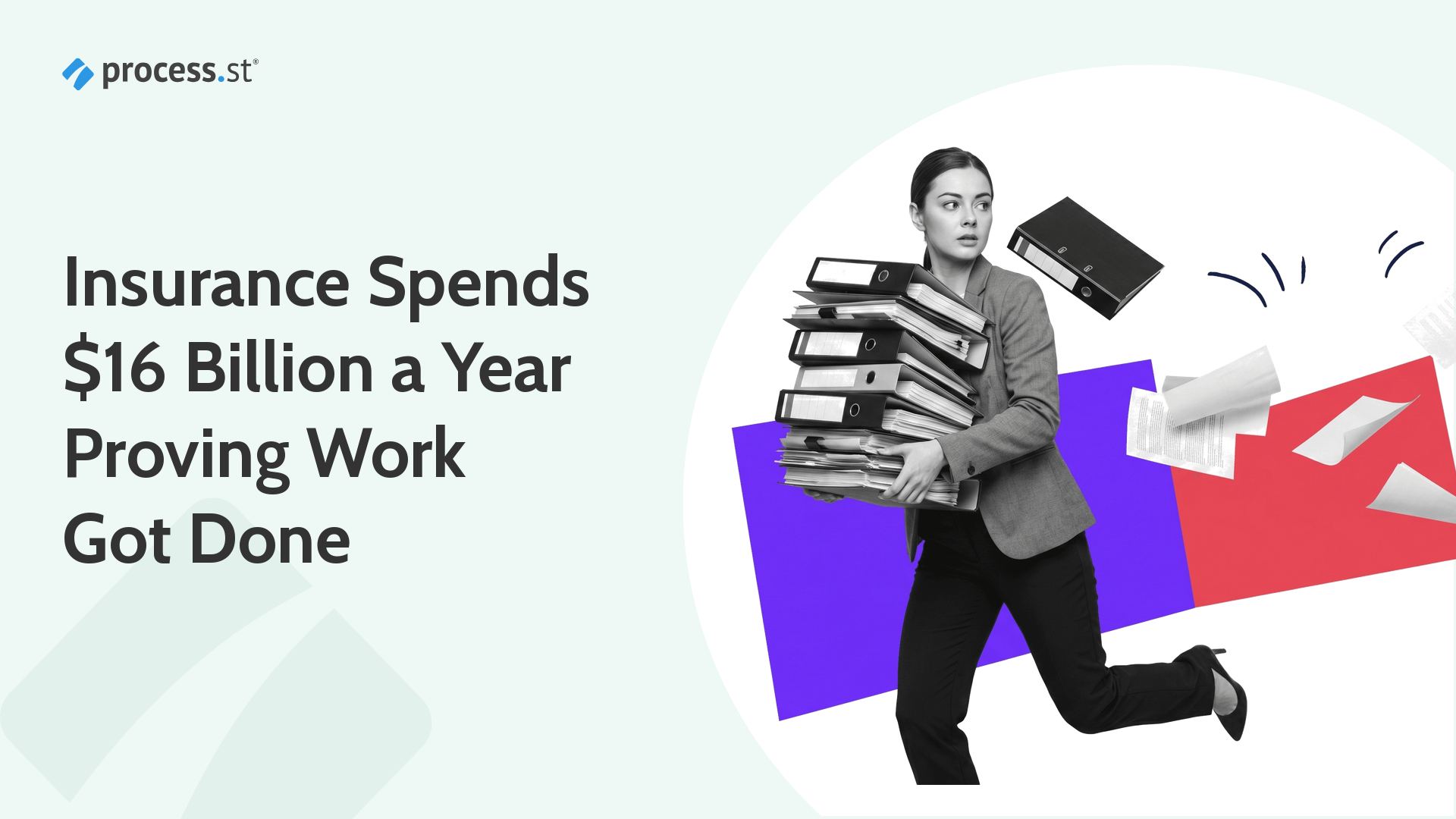 Insurance compliance officer sprinting with binders and flying papers, representing the $16 billion annual cost of compliance operations inefficiency