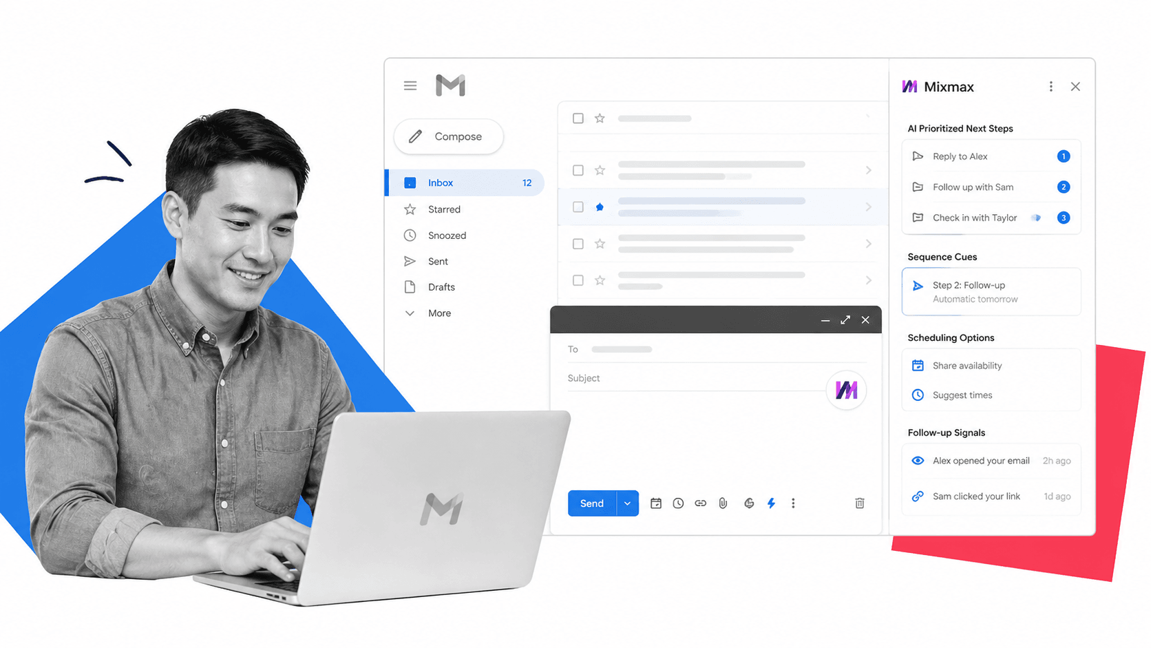 Illustration of a Gmail-based Mixmax workflow with follow-up signals and sales execution tools
